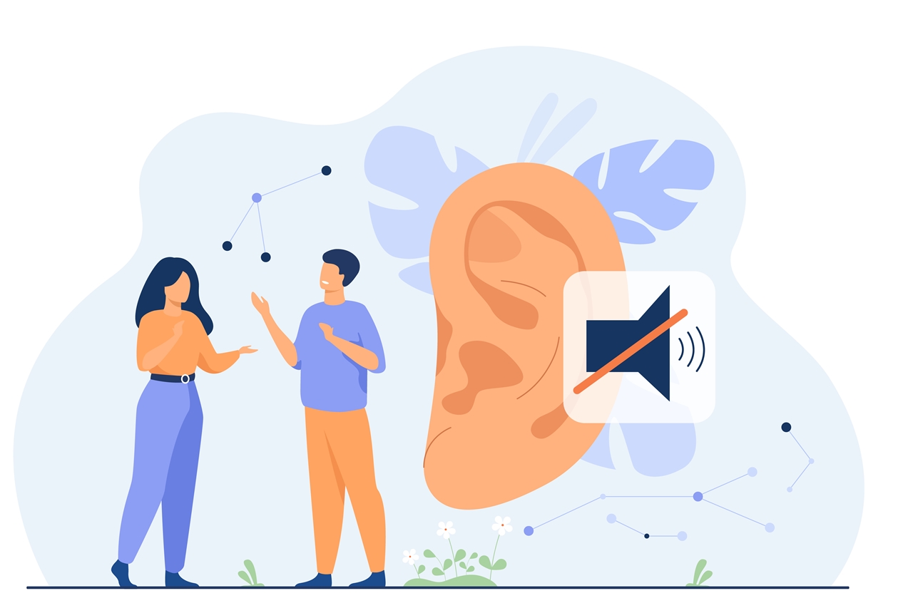 Ilustrasi dua orang sedang berbicara dengan gambar telinga besar dan ikon mute di latar belakang, melambangkan masalah komunikasi dan pendengaran.