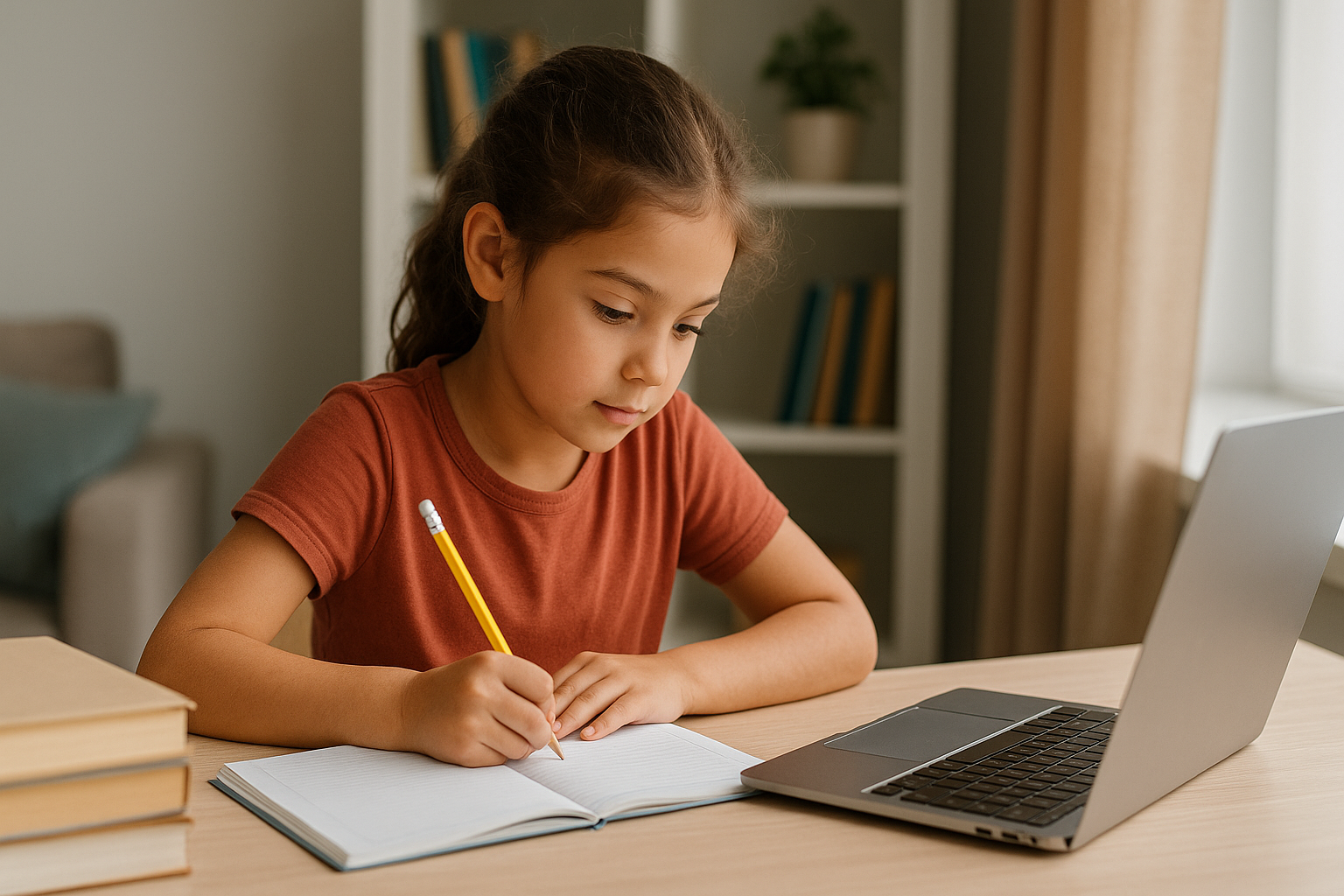 Gambar seorang anak kecil sedang menulis di depan leptop