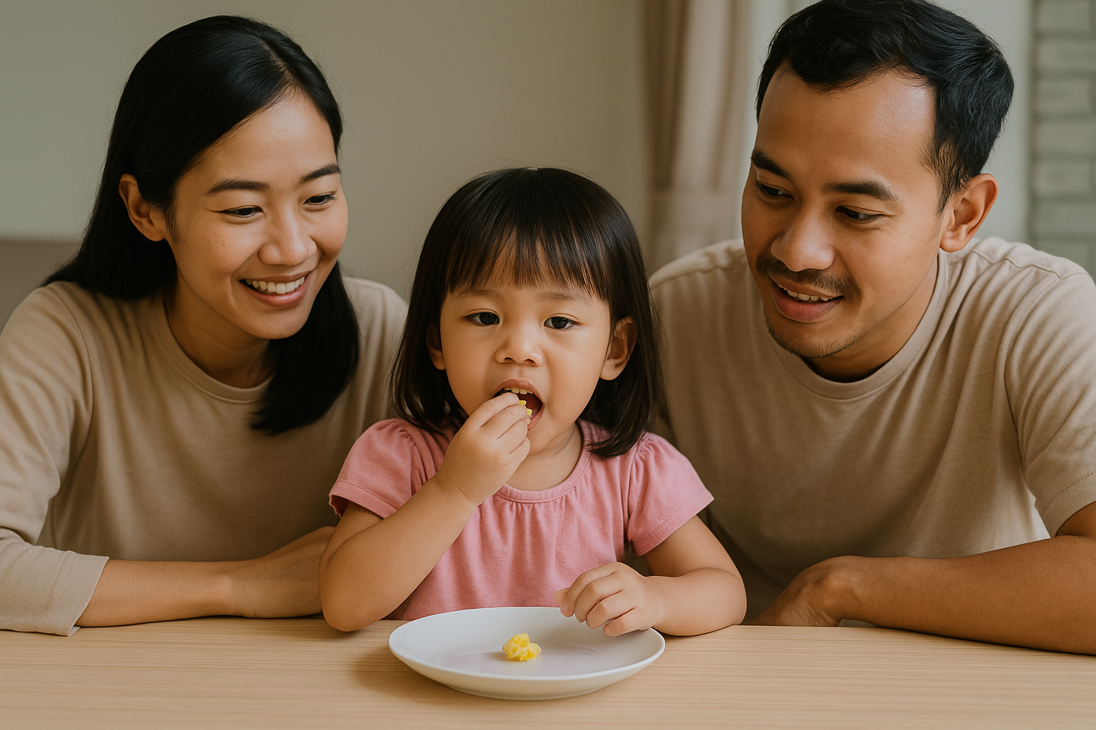 Gambar seorang anak sedang makan dengan kedua orangtuanya