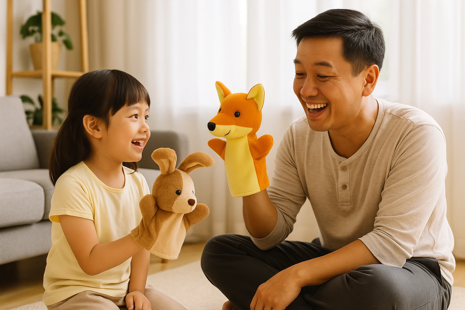 Gambar seorang anak perempuan sedang bermain ceria bersama ayahnya di ruang keluarga yang hangat dan penuh keakraban