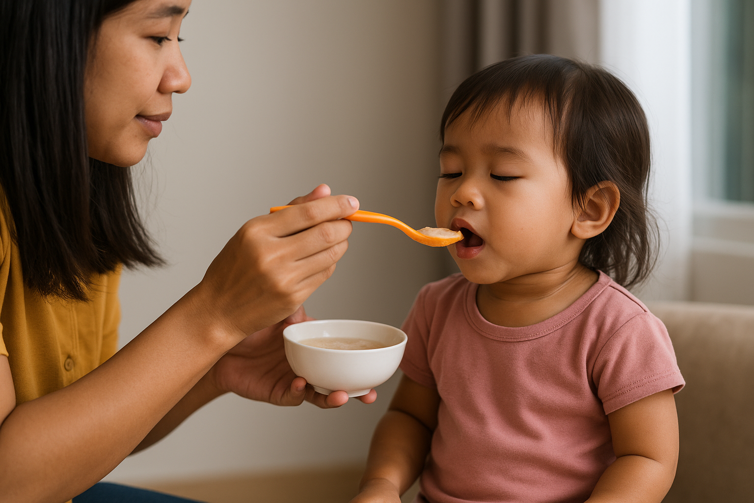 gambar momen hangat seorang ibu menyuapi anaknya dengan penuh perhatian