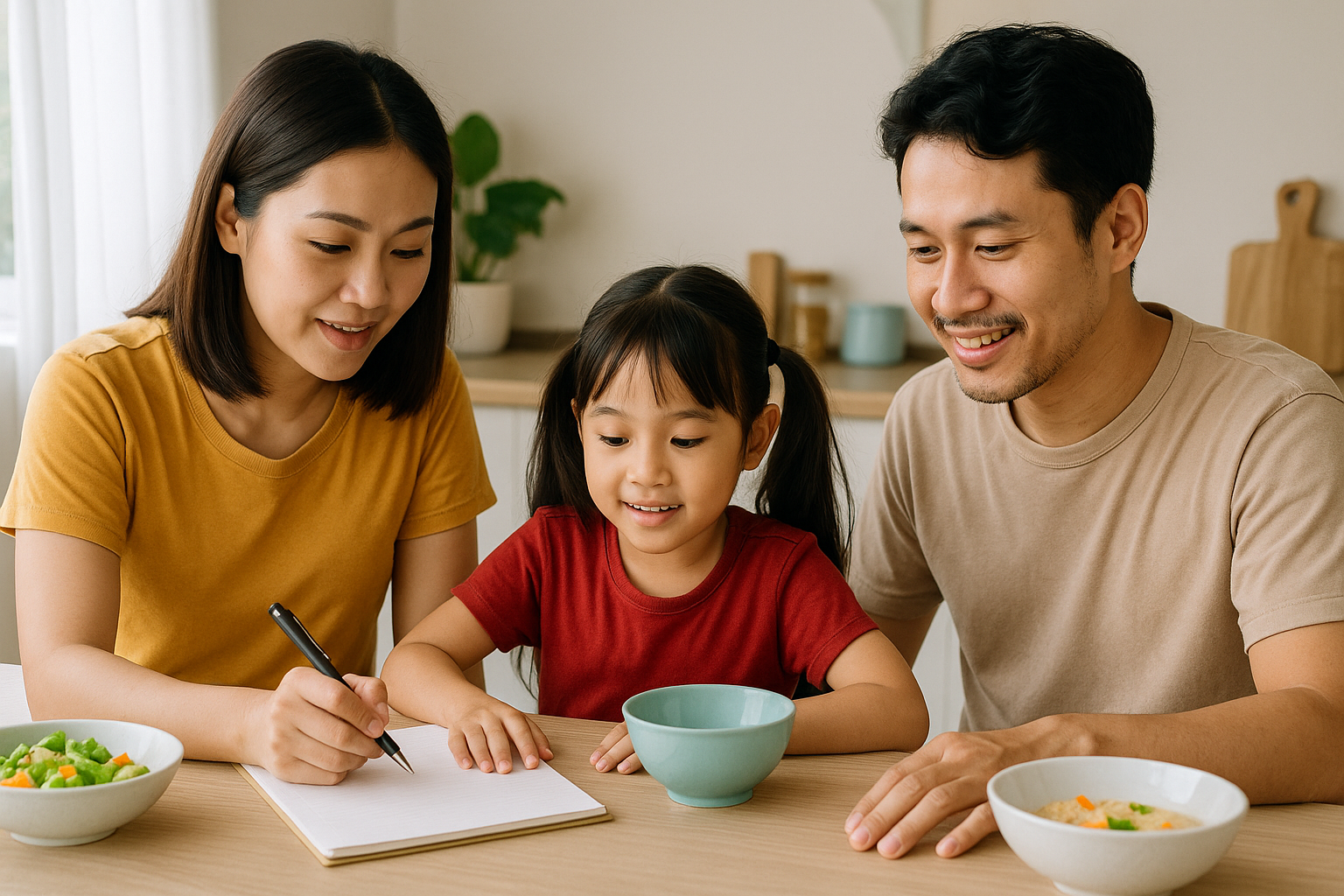 Gambar memperlihatkan orang tua sedang mendampingi dan memberikan petunjuk dalam aktivitas menulis