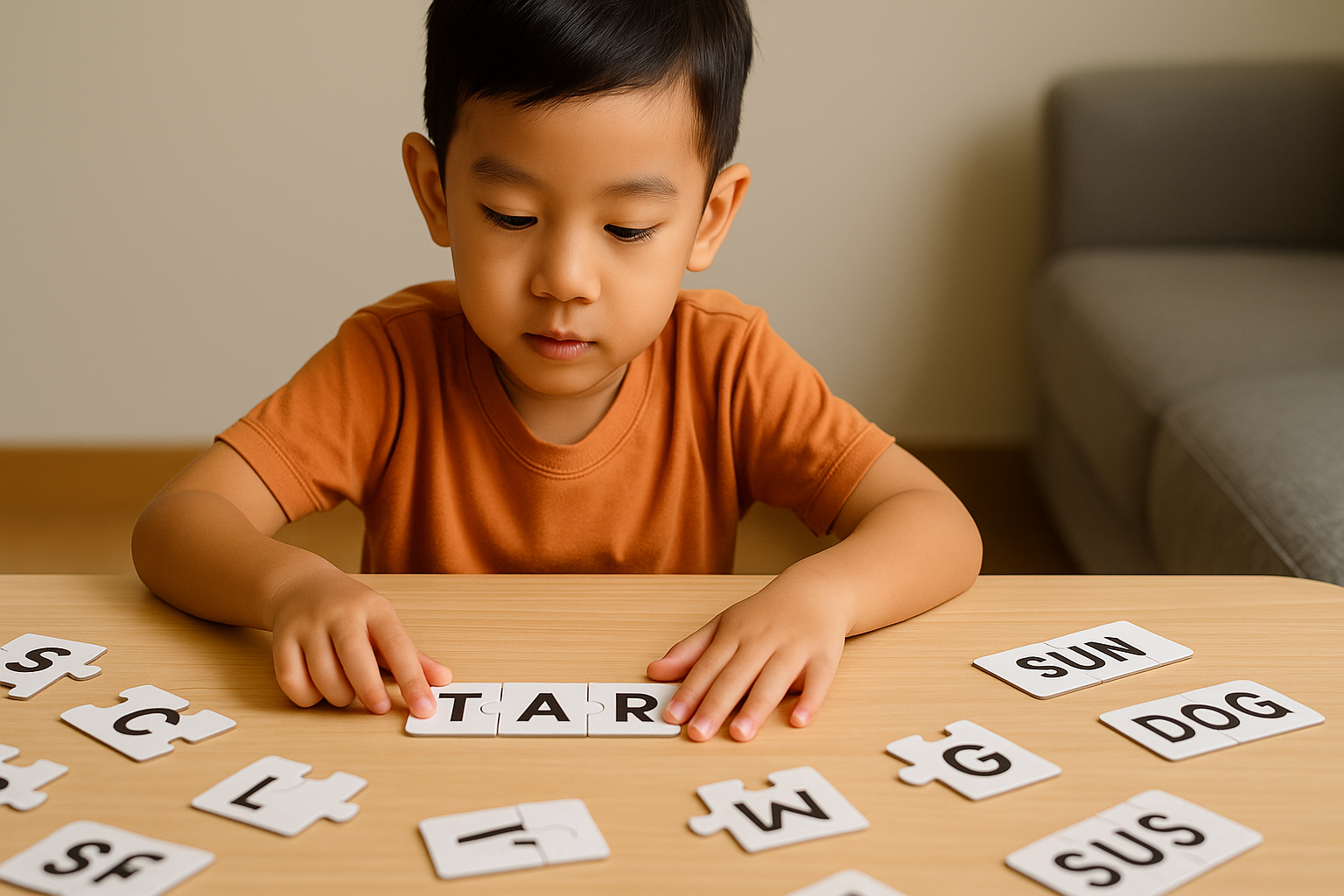 Seorang anak laki-laki sedang bermain puzzel
